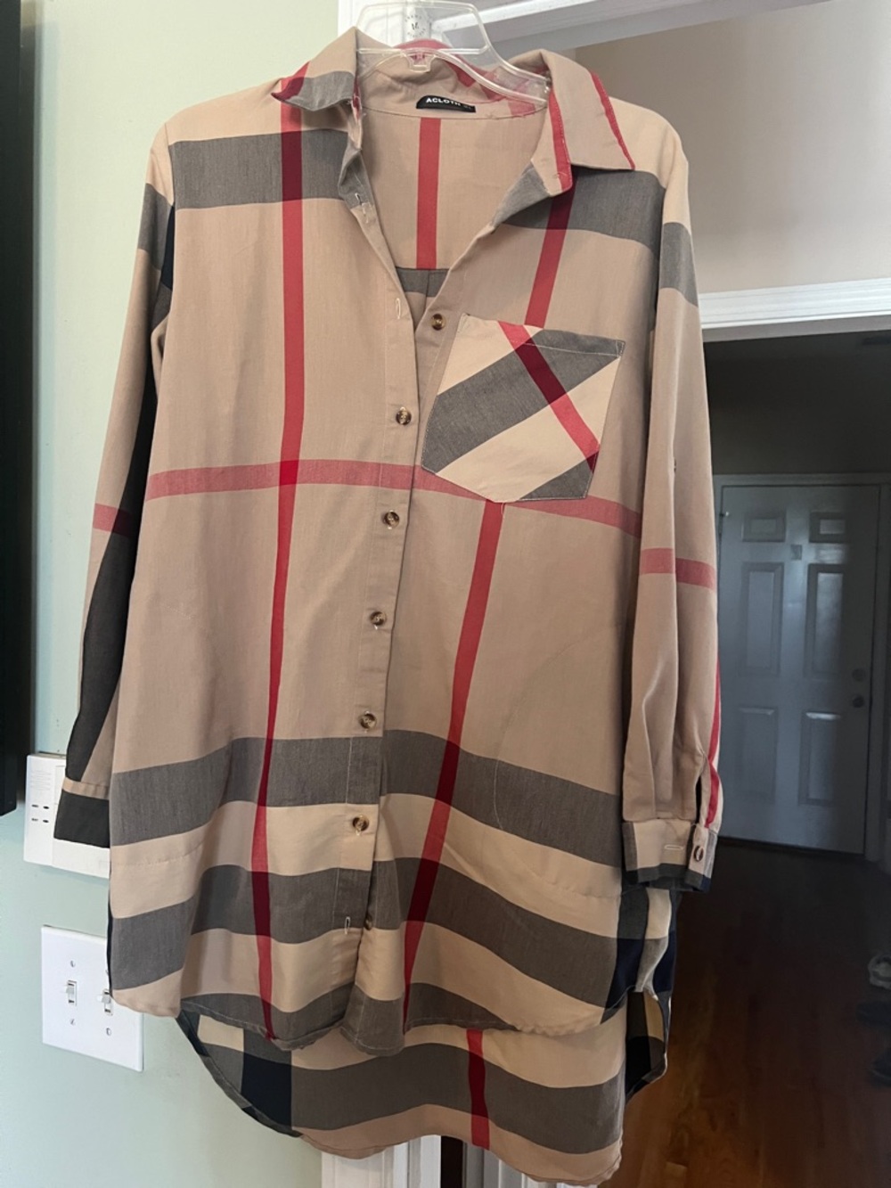 Checked Button-Up Tunic Shirt in Beige and Red